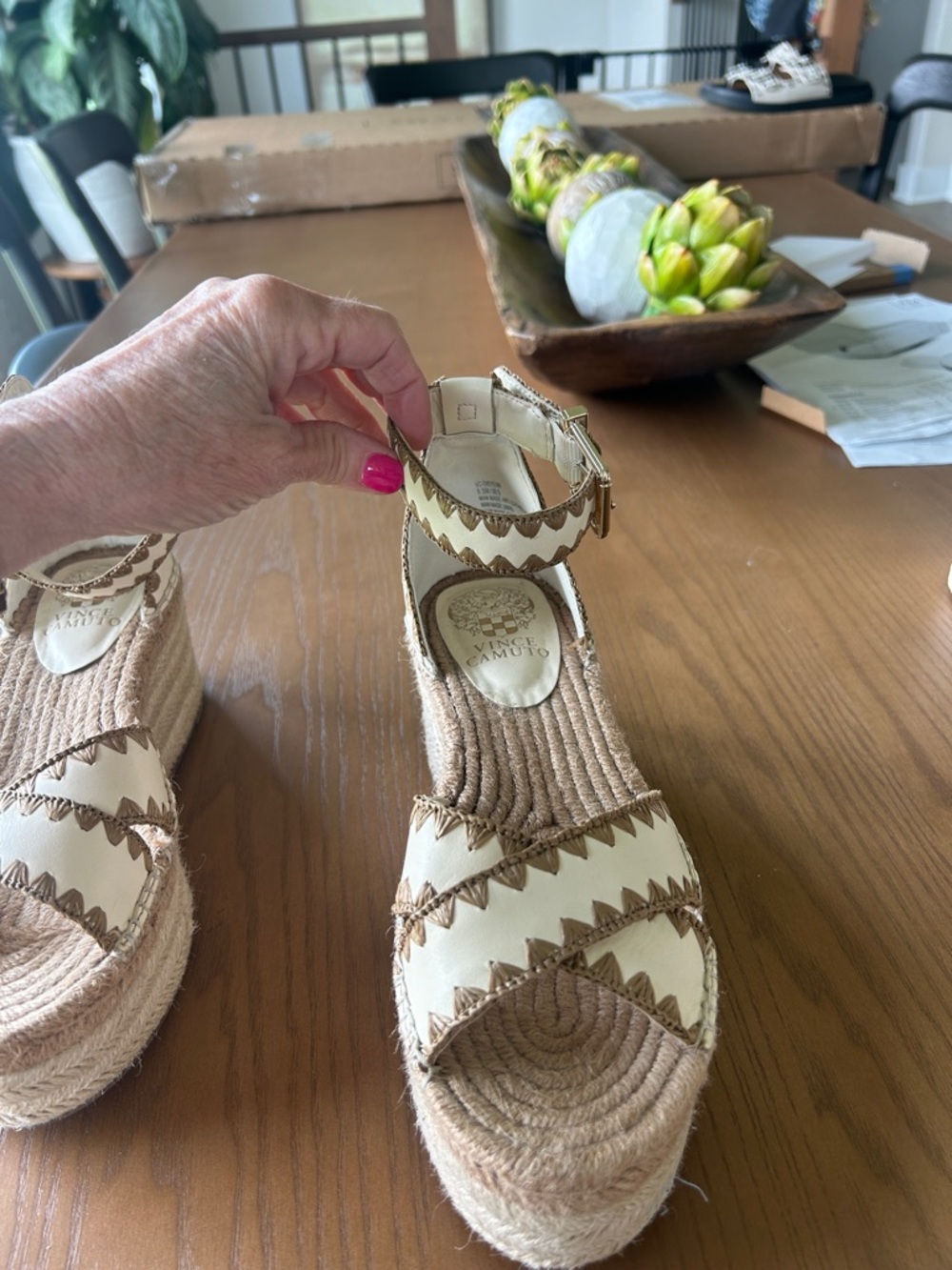 Vince Camuto Cream and Tan Espadrille Platform Wedges with Ankle Strap - Picture 2 of 3